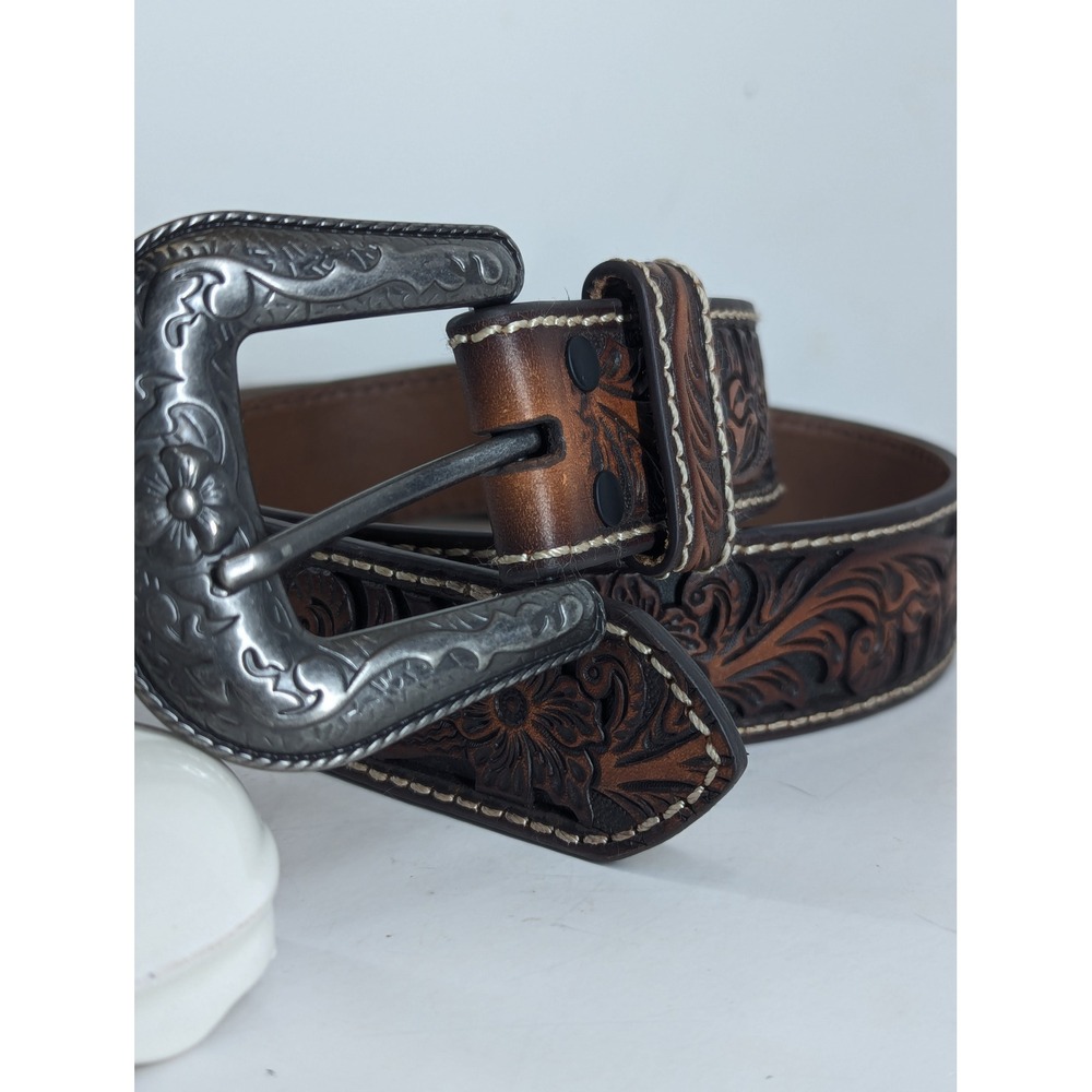 Roper Mens 34 Tooled Floral Leather Western Belt Brown Removable Buckle NWOT